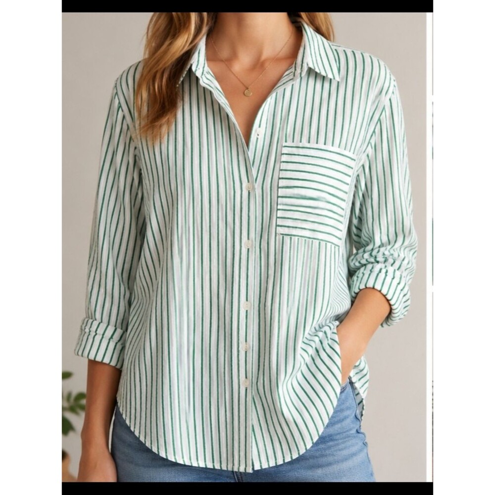 LOFT Green White Striped Button Down Shirt XS 100% Cotton Oversized Blouse